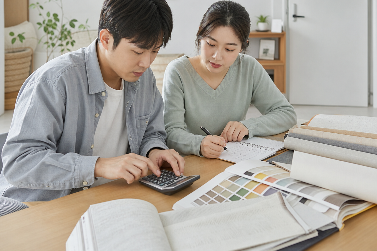 부부가 셀프도배 재료비를 계산하며 다양한 벽지 견본을 비교하는 모습