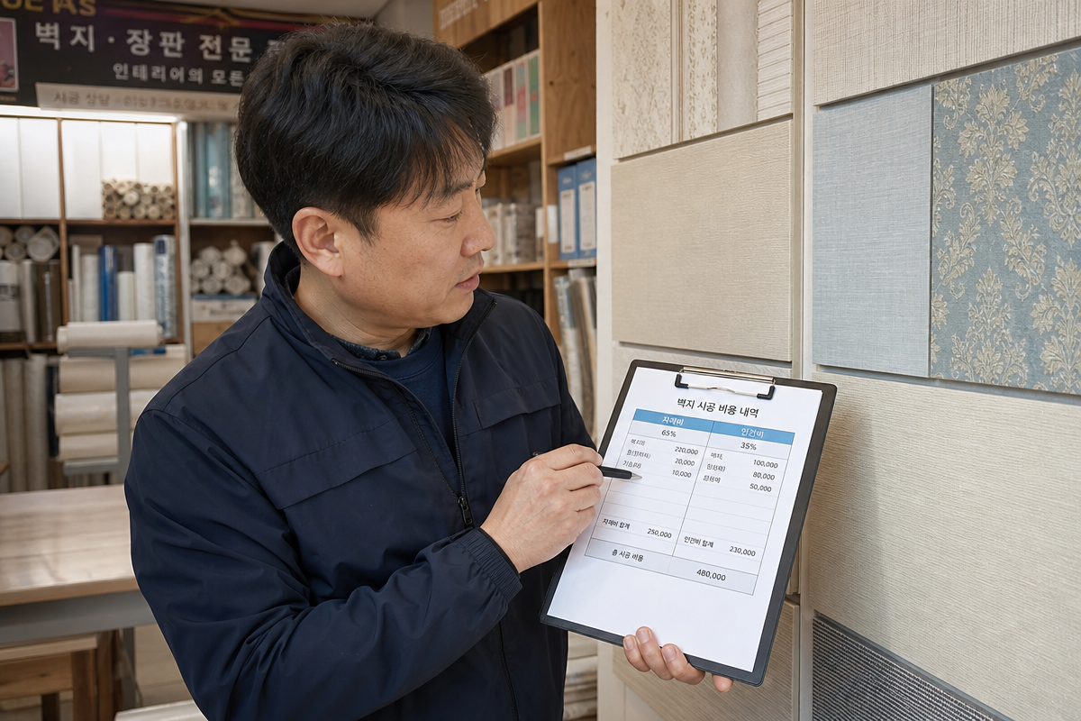 도배 인건비와 재료비 비교표를 살펴보는 시공 전문가 모습으로 방산시장 도배 비용 구조를 설명하는 장면