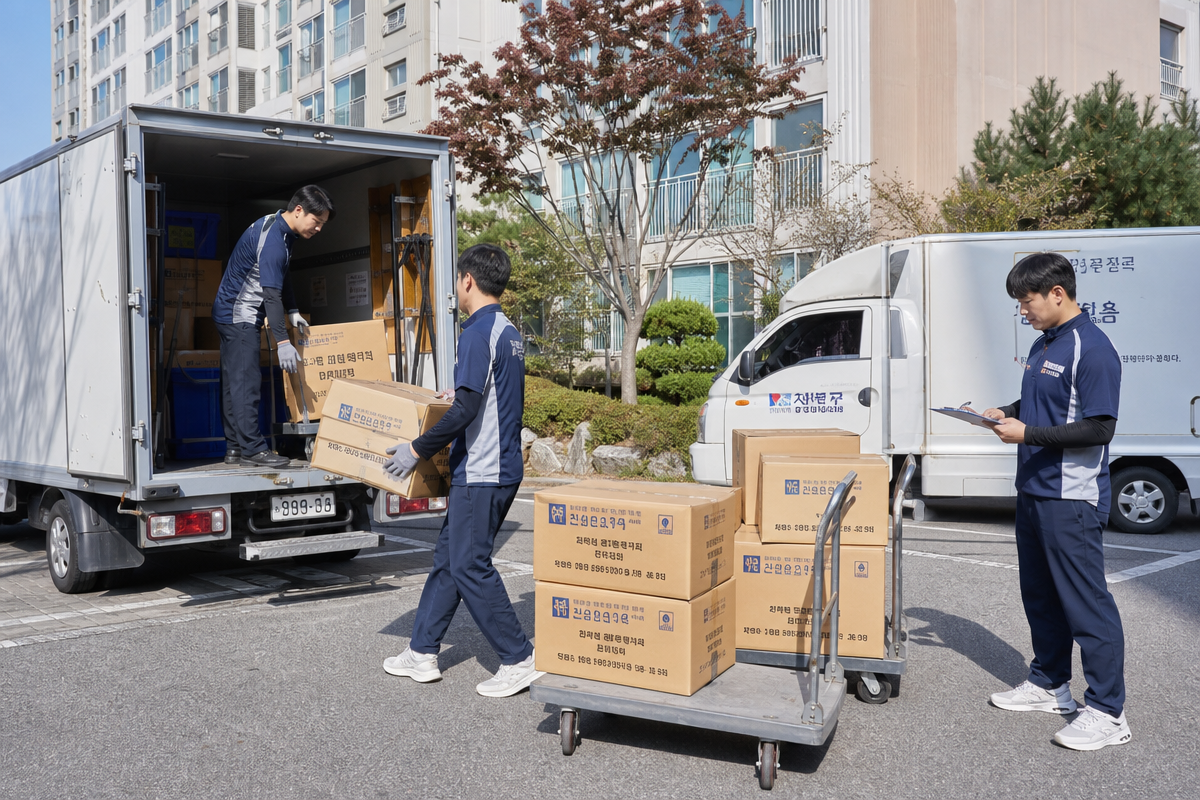 아파트 앞에서 이사 차량에 짐을 싣는 모습으로 원룸포장이사비용을 설명하는 이미지