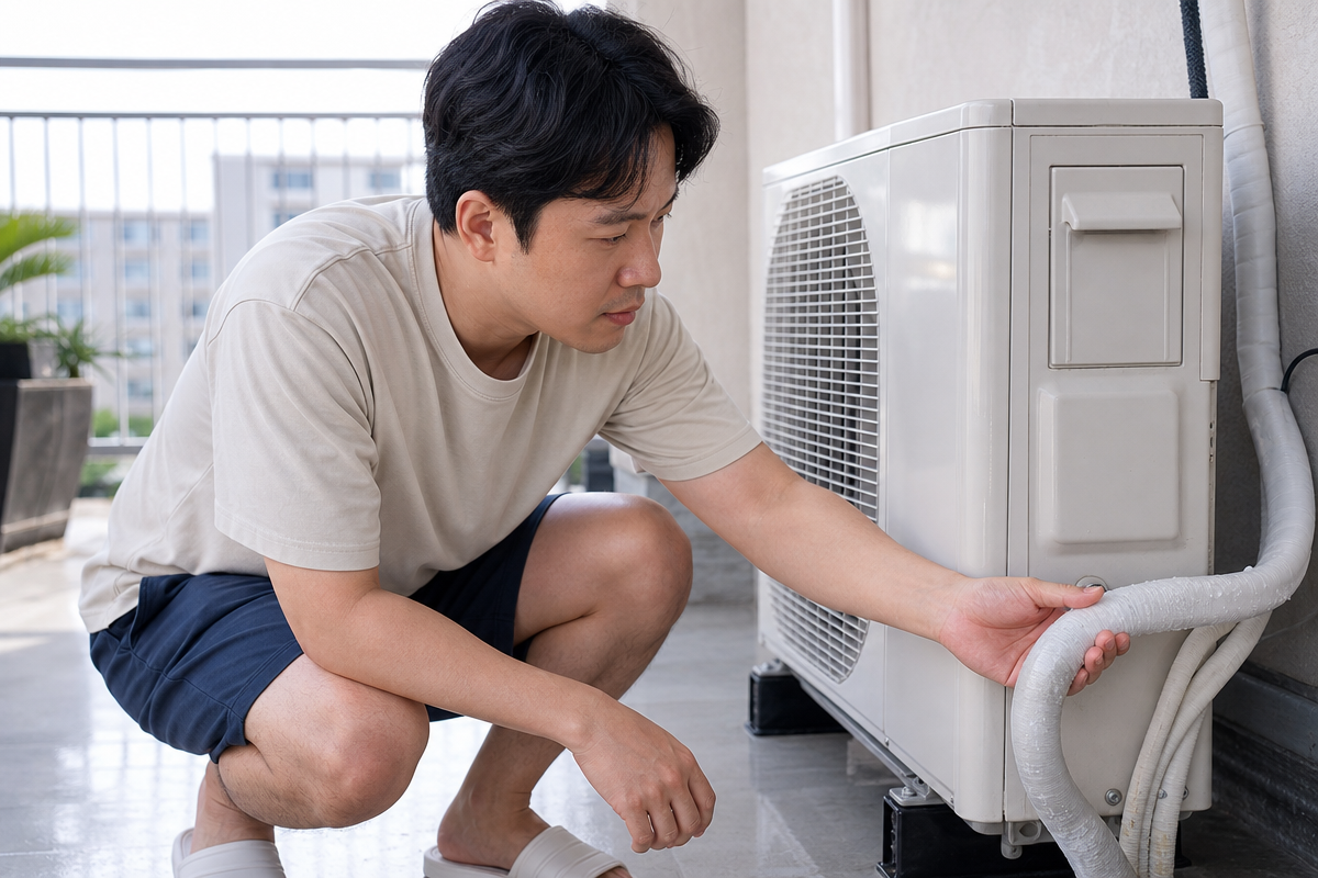 실외기 배관에 손을 대고 결로 여부를 확인하며 에어컨냉매충전이 필요한지 점검하는 장면