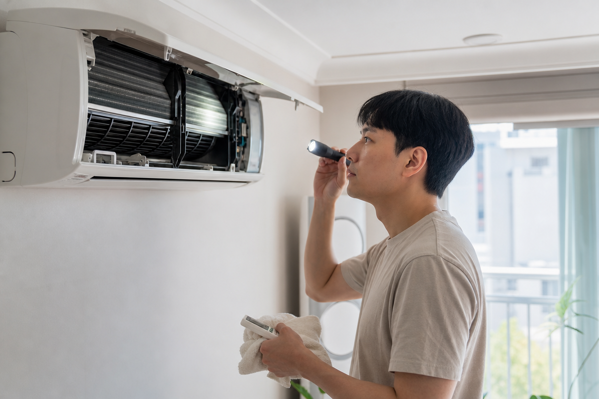 거실에서 에어컨 내부를 살피는 남성이 냉각핀 먼지를 확인하며 LG에어컨청소 시기를 점검하는 모습