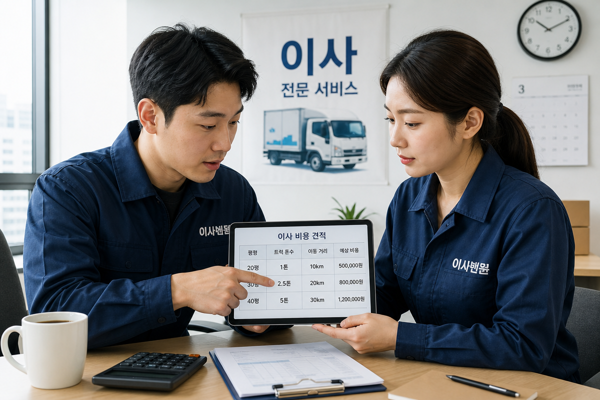 이사짐센터 직원이 평수와 거리별 이사 비용 견적표를 보며 계산기를 두고 상담하는 장면