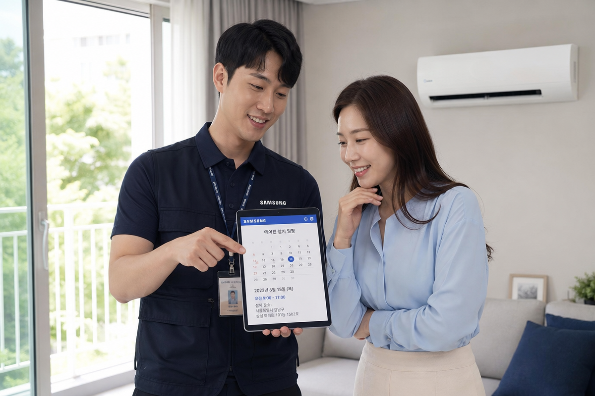 삼성에어컨설치 예약 단계에서 고객과 기사가 태블릿으로 일정과 결제 단계를 함께 확인하는 장면