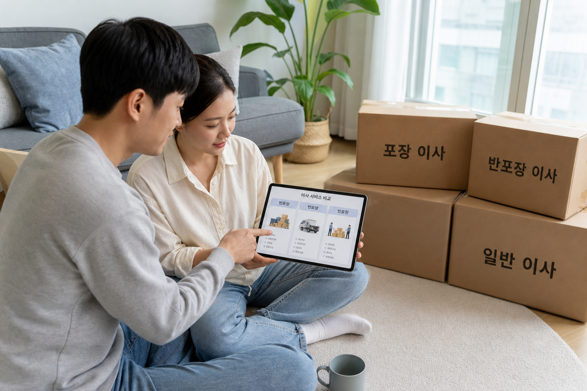 거실에서 부부가 이사견적비교사이트를 보며 포장이사와반포장이사차이를 확인하는 모습
