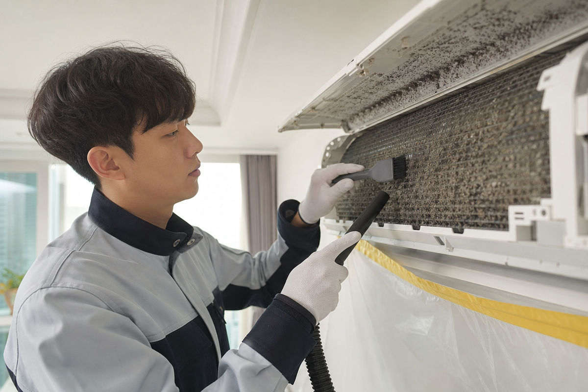 실내에서 에어컨을 완전 분해세척하며 열교환기 곰팡이와 먼지를 제거하는 장면, 김포에어컨청소 과정 표현