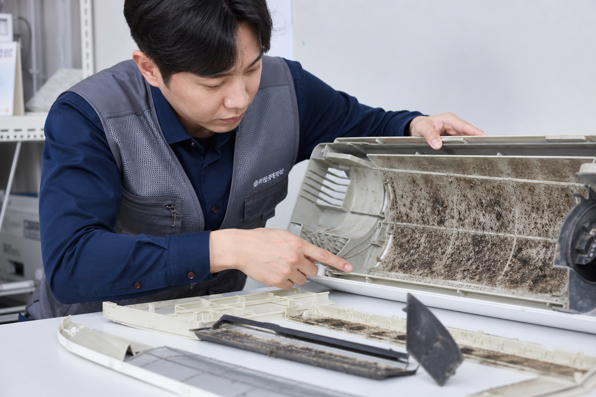 분해된 에어컨 부품을 점검하며 곰팡이와 파손 부위를 살피는 기술자 모습으로 에어컨청소업체추천 관련 소비자 불만을 시각화한 이미지