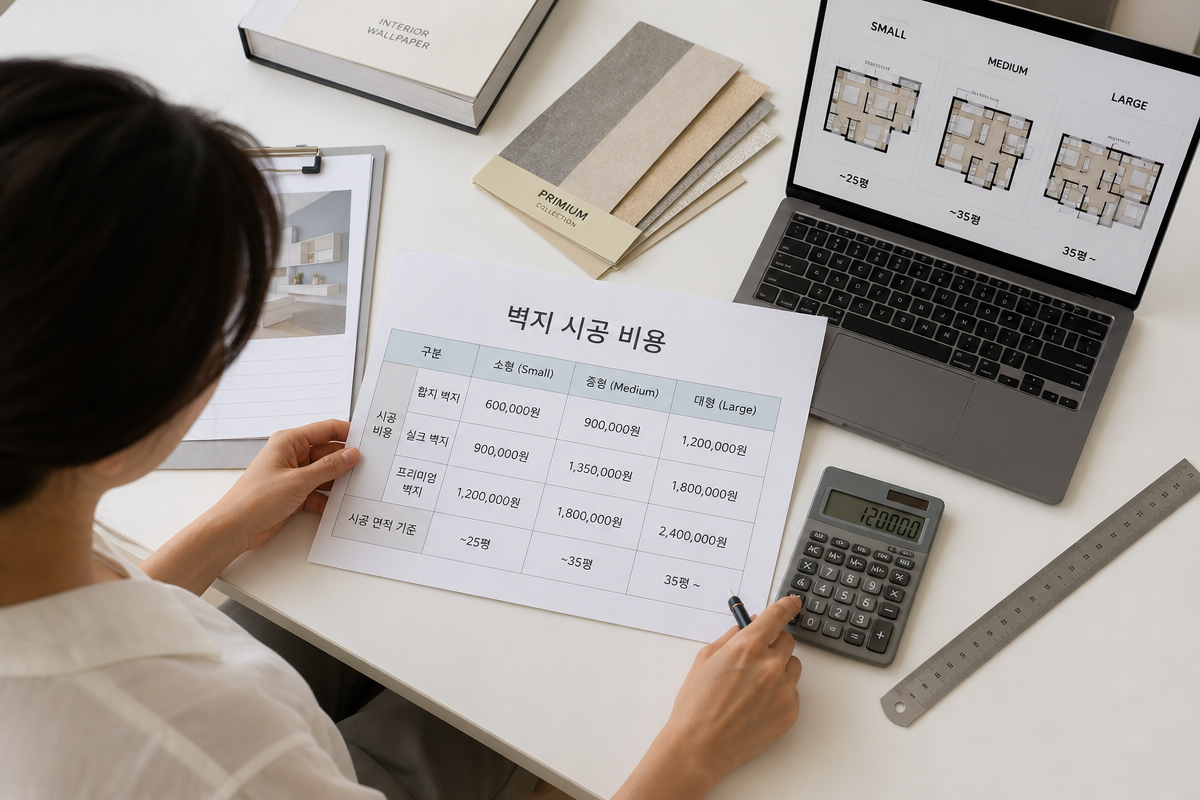 도배가격 기준표를 책상 위에서 계산기와 도면으로 분석하는 모습
