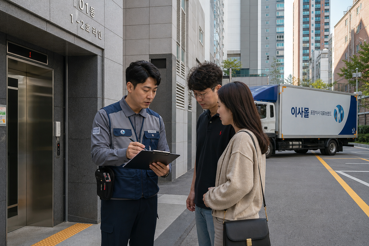부산포장이사 방문 견적 현장에서 상담원이 아파트 엘리베이터와 주차 공간을 함께 확인하는 모습