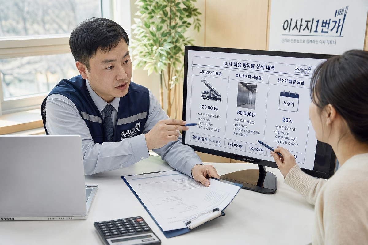 이사짐센터 직원이 고객에게 사다리차·엘리베이터 등 추가요금과 성수기 할증 구조를 계약서로 설명하는 장면