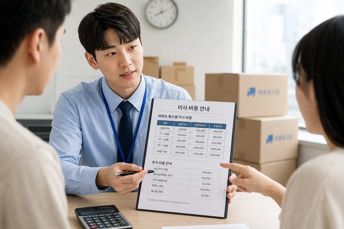 상담원이 고객에게 인천이사 비용 견적표를 설명하며 추가요금 항목을 함께 검토하는 장면