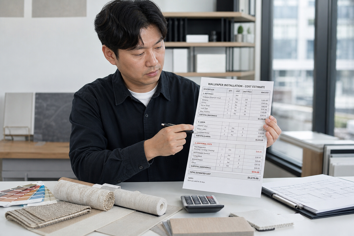도배 견적서를 검토하며 평당 단가와 추가비용 항목을 계산하는 인테리어 전문가 모습, 대전도배 가격 이해용 이미지