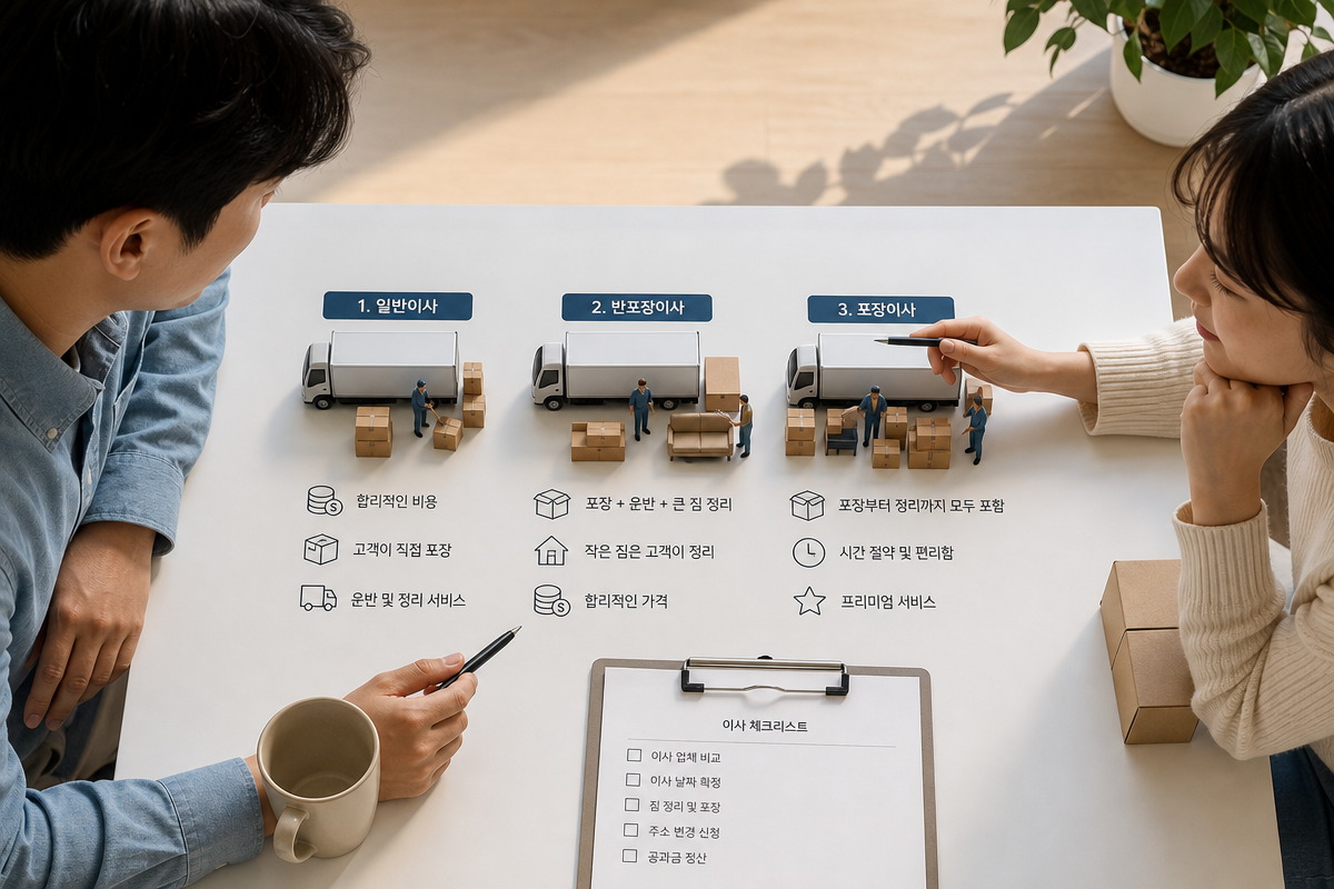 운송만, 기사도움, 반포장이사 비용과 역할 분담표를 비교해 설명하는 이미지