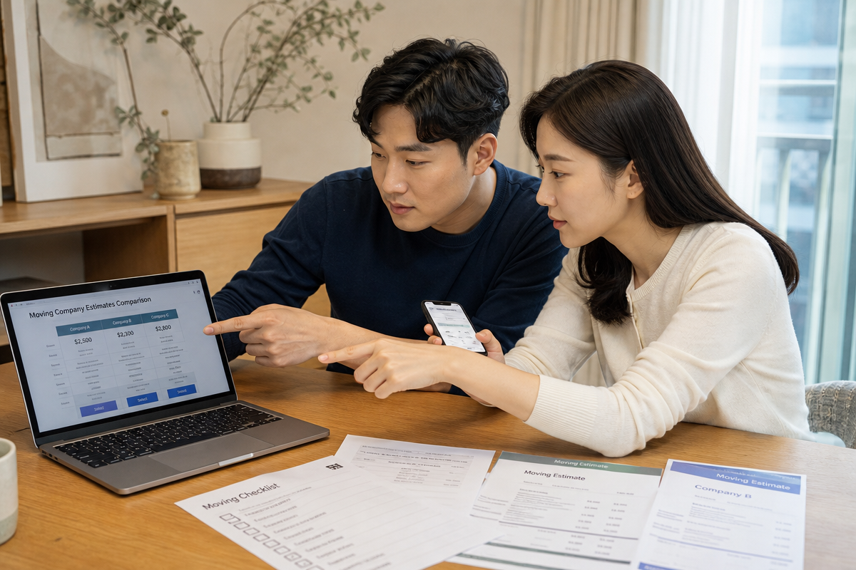 부부가 노트북과 스마트폰으로 이사짐센터 견적 비교표를 확인하며 최적의 업체를 고르는 장면