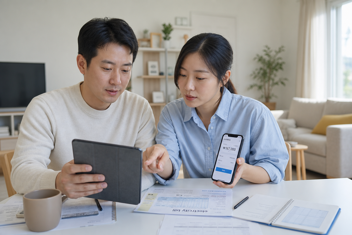 이사전기요금정산 관련 서류와 스마트폰 앱을 확인하며 과다청구 대응 방법을 검토하는 장면