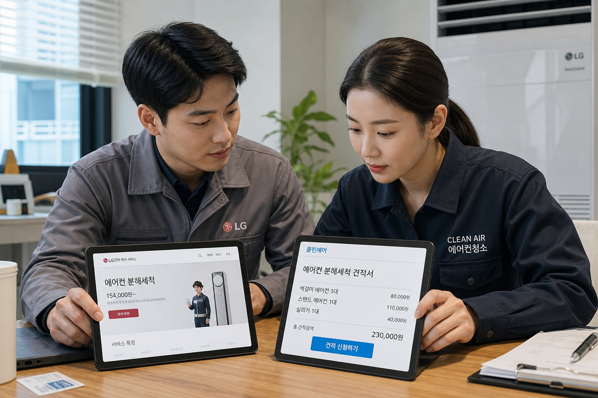 엘지에어컨청소 서비스를 공식센터와 사설 업체 견적서로 비교하며 선택 기준을 검토하는 장면