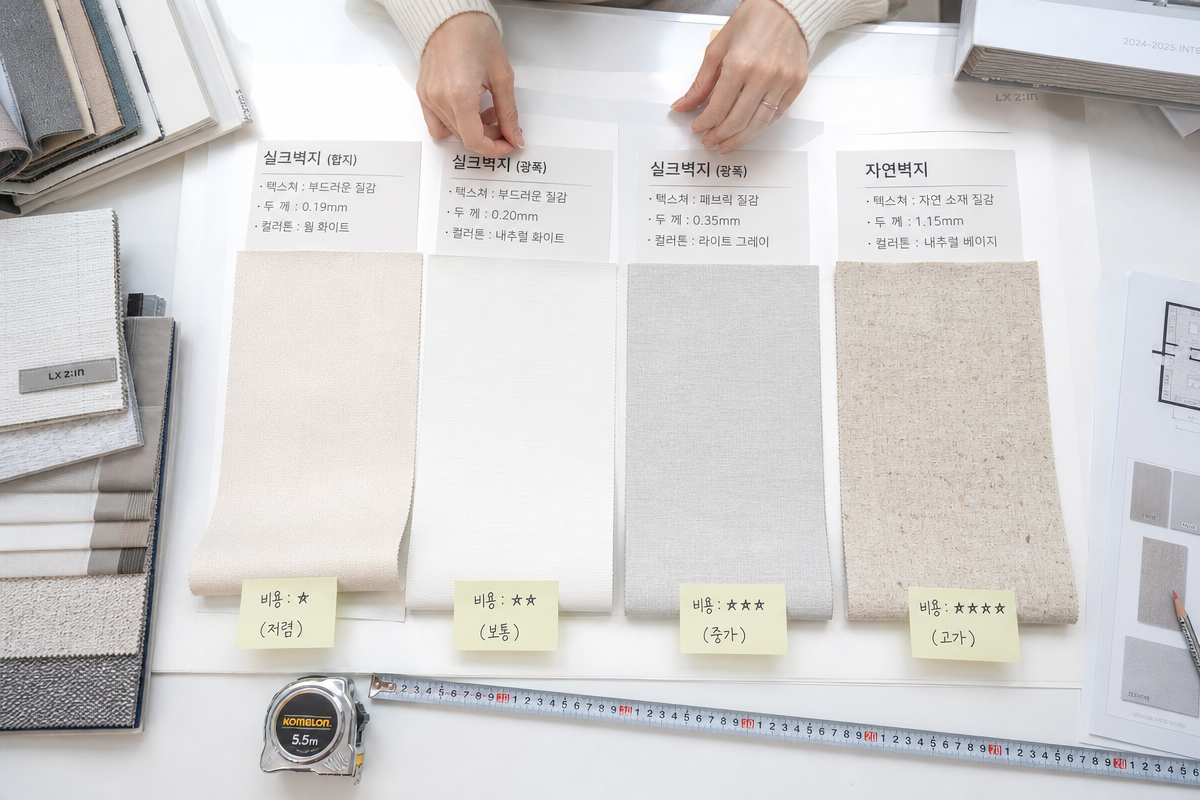 실크·합지·광폭합지·천연벽지 샘플을 비용 비교하며 정리하는 장면으로 34평도배비용 이해에 도움이 되는 이미지