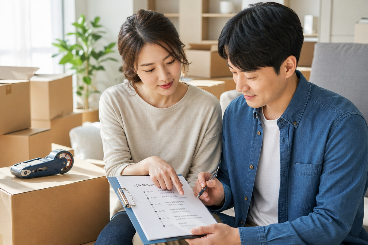 이사짐센터 예약부터 포장까지 체크리스트를 확인하며 일정표를 점검하는 부부 모습