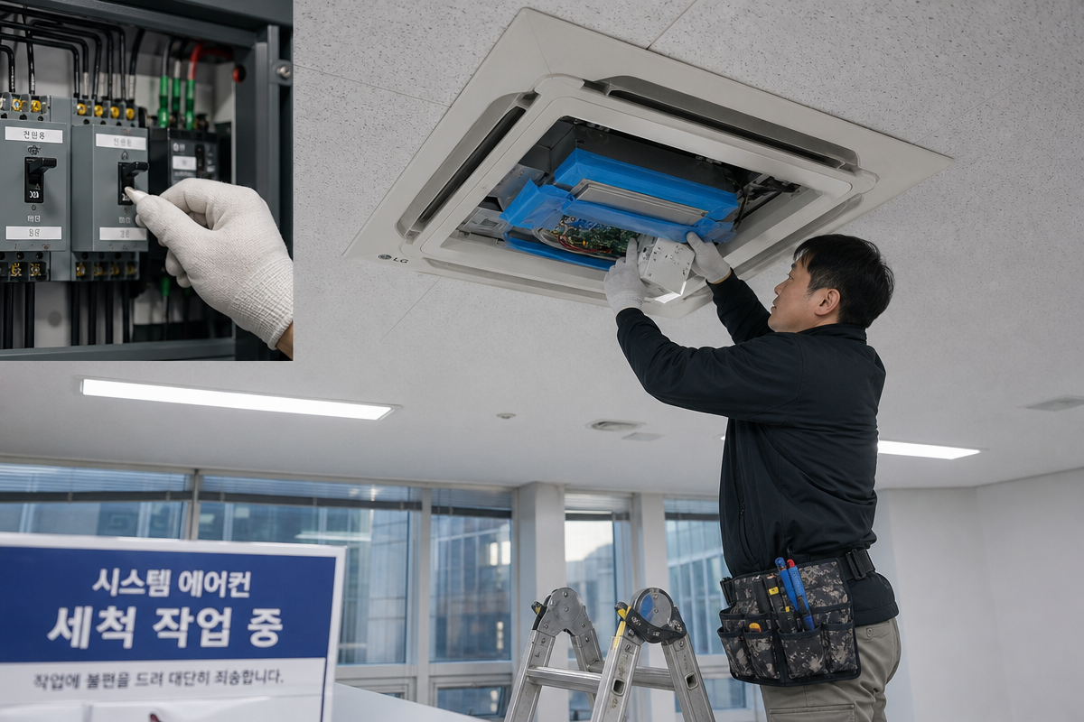 전원 차단 후 시스템 에어컨 청소 전 마스킹 테이프로 전자부품을 보호하며 안전 주의사항을 점검하는 모습