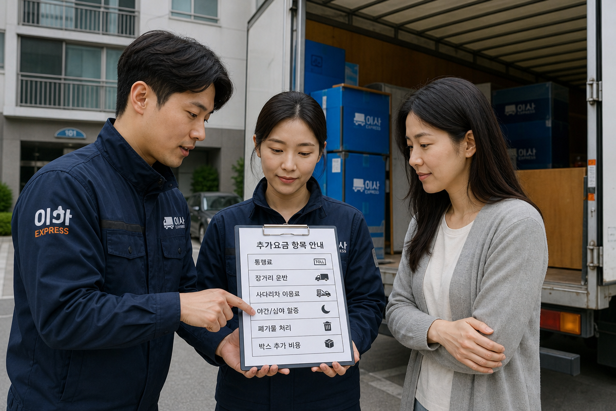 이사 현장에서 고객과 기사들이 용달이사비용 추가요금 항목을 체크리스트로 확인하는 장면