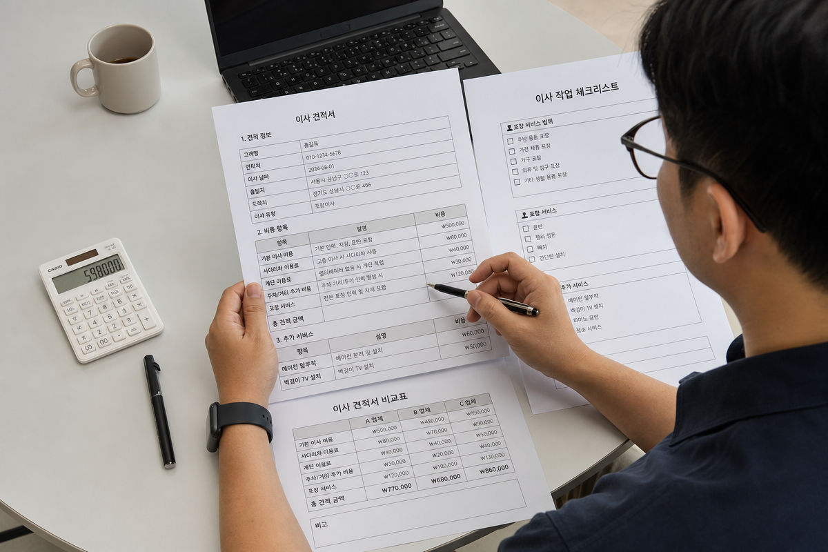 책상 위 견적서를 보며 엘리베이터·계단·주차 추가요금과 포장 서비스 항목을 비교하는 장면, 포장이사견적비교 이해를 돕는 이미지