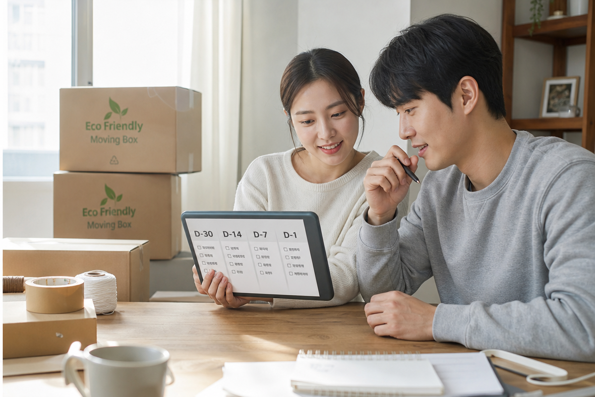 이사 준비 체크리스트를 보며 일정별로 포장 자재와 짐을 정리하는 모습으로 숨고이사 계획을 시각화한 장면
