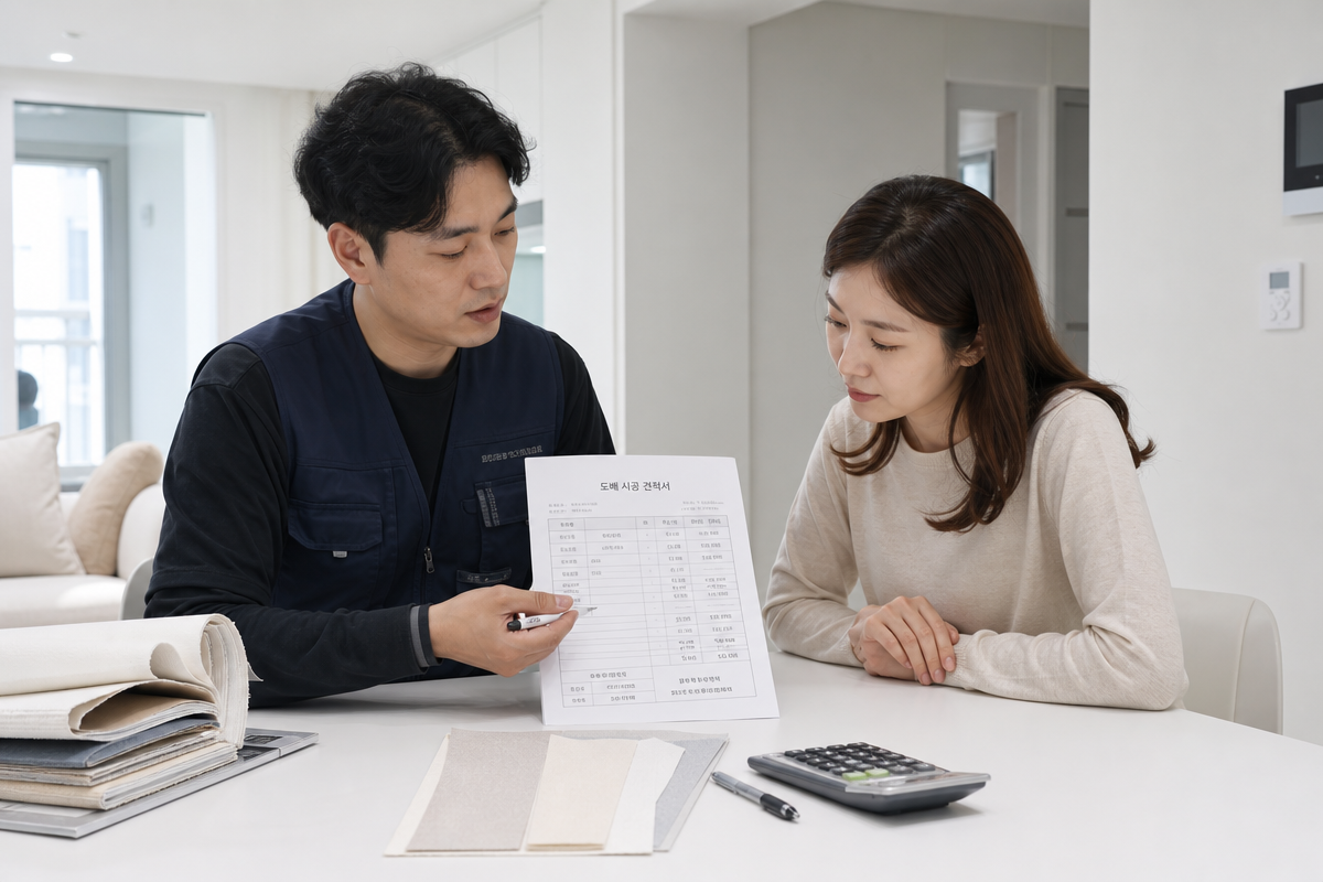 도배 견적서를 함께 검토하며 도배 비용 구성과 시공 절차를 설명하는 장면