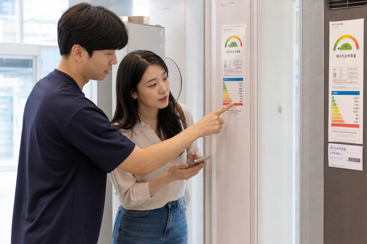 가전 매장에서 에너지 효율 좋은 에어컨의 등급표와 스마트 기능을 확인하는 부부 모습
