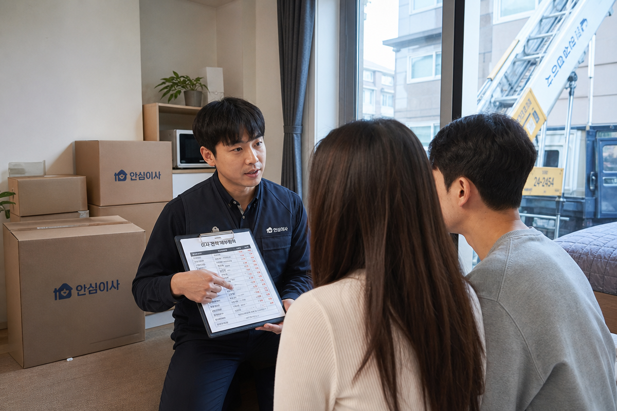 원룸포장이사비용 견적서에서 사다리차·엘리베이터·주차 조건 등 추가비용 항목을 상담하는 장면