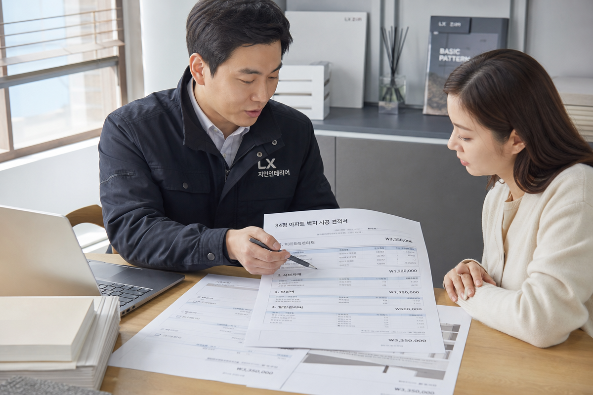 34평도배비용 견적서를 함께 검토하며 항목별 단가와 업체 체크리스트를 확인하는 장면