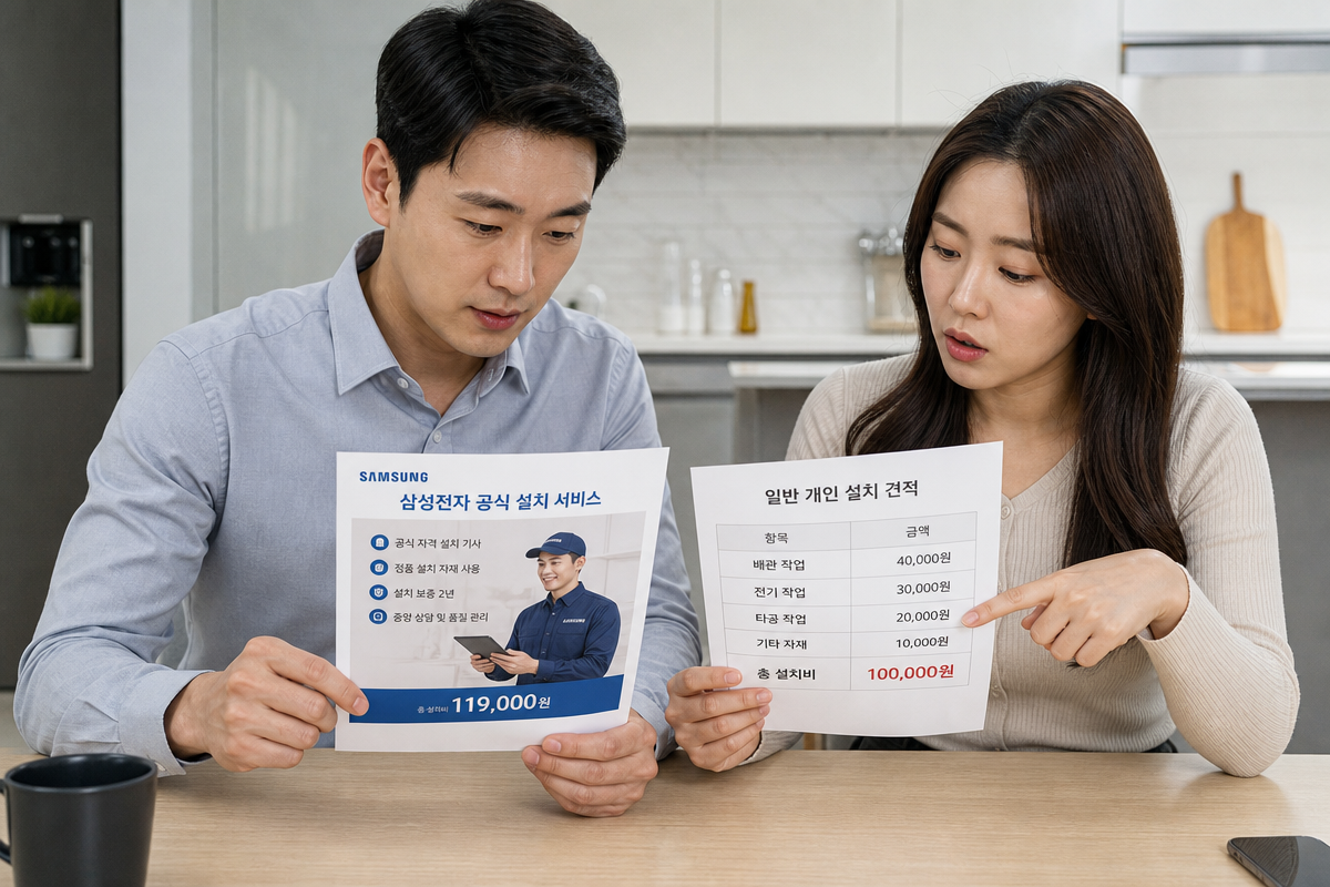부부가 삼성에어컨설치 견적서를 비교하며 공식센터와 사설업체의 차이를 검토하는 장면