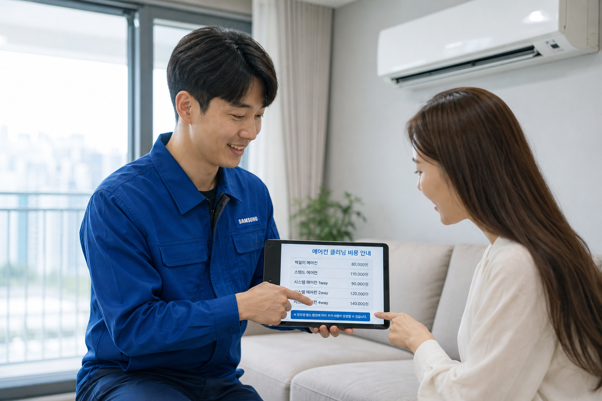 서울 아파트 거실에서 기술자가 태블릿으로 에어컨 청소 비용표를 설명하는 모습, 서울에어컨청소 상담 장면