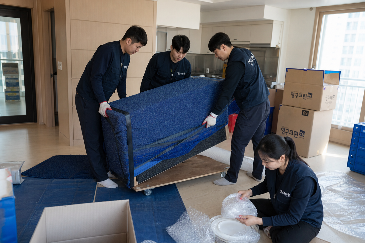 이사 당일 부산포장이사 팀이 가구와 전자제품을 안전하게 포장하며 정리하는 현장 모습