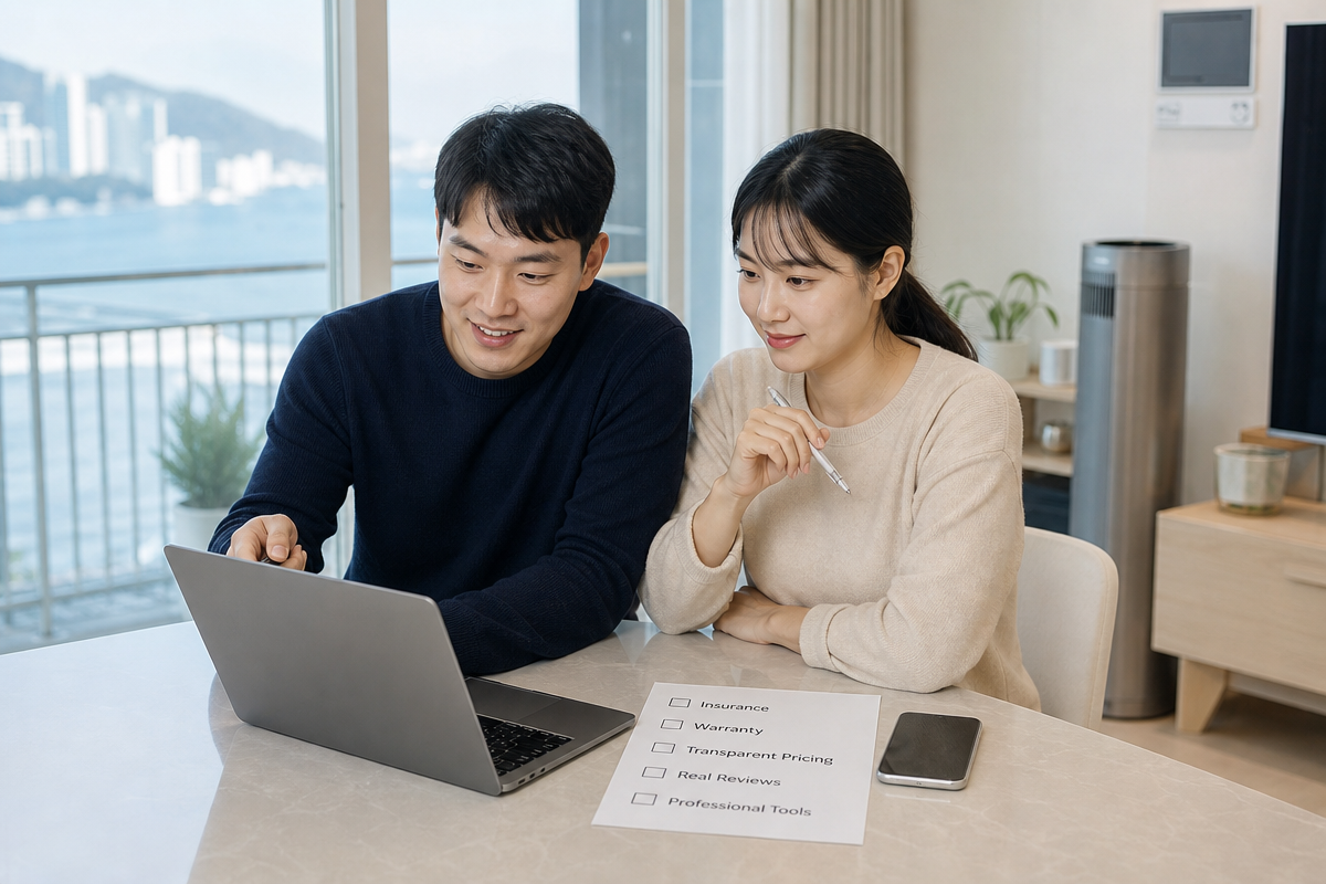 부산 아파트 거실에서 부부가 부산에어컨청소 업체 신뢰도 체크리스트를 검토하는 장면