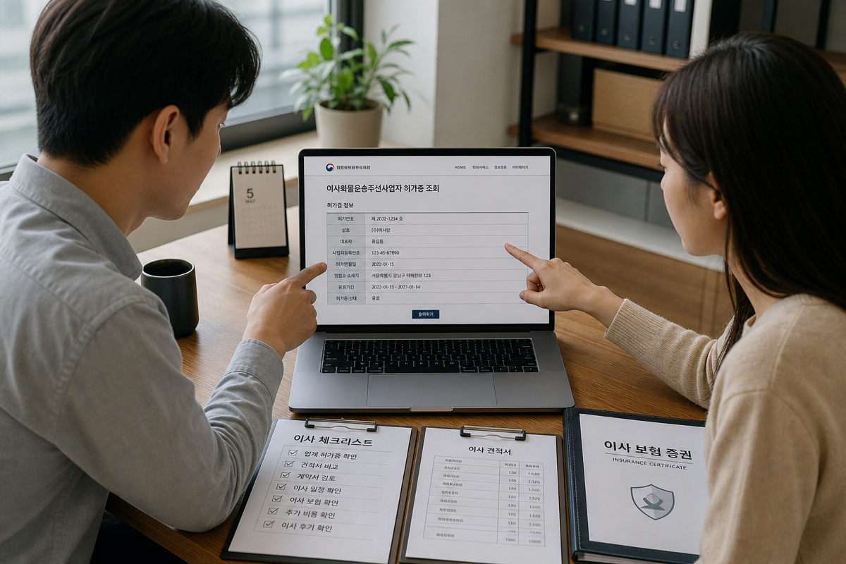 이사견적비교사이트에서 허가증과 보험 서류를 확인하며 신뢰성 검증 체크리스트를 점검하는 장면