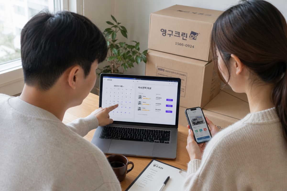 이사비용 비교를 위해 달력과 앱 화면을 살펴보는 부부 모습으로 용달이사비용 예약 시점 설명 이미지