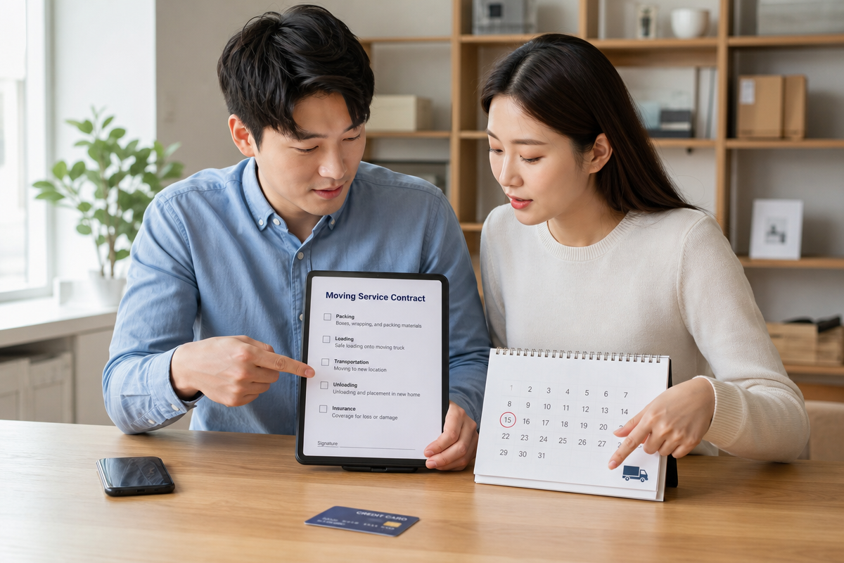 이사 날짜 예약 절차와 결제 방법을 확인하며 계약서 필수 조항을 검토하는 장면, 숨고이사 안내용