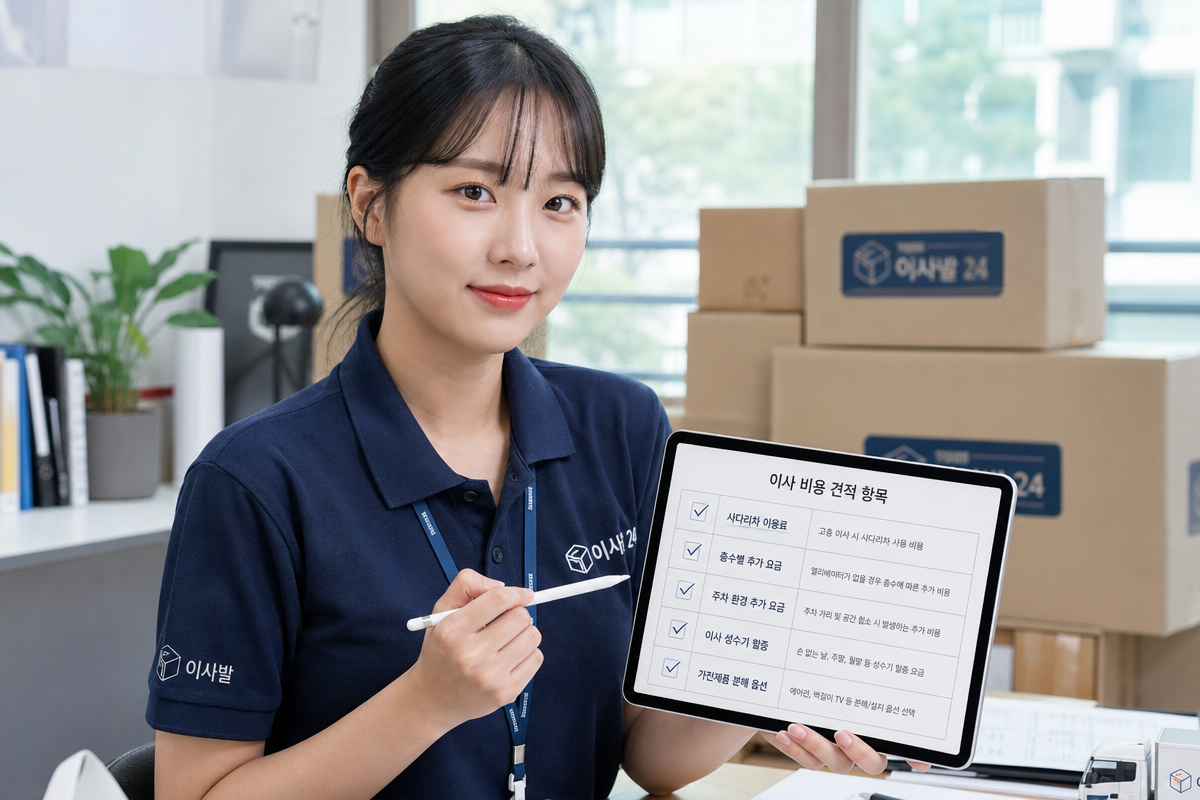 이사 견적서에서 포장이사비용 추가 항목을 점검하는 전문가가 태블릿으로 사다리차·층수·성수기 요금을 정리하는 모습