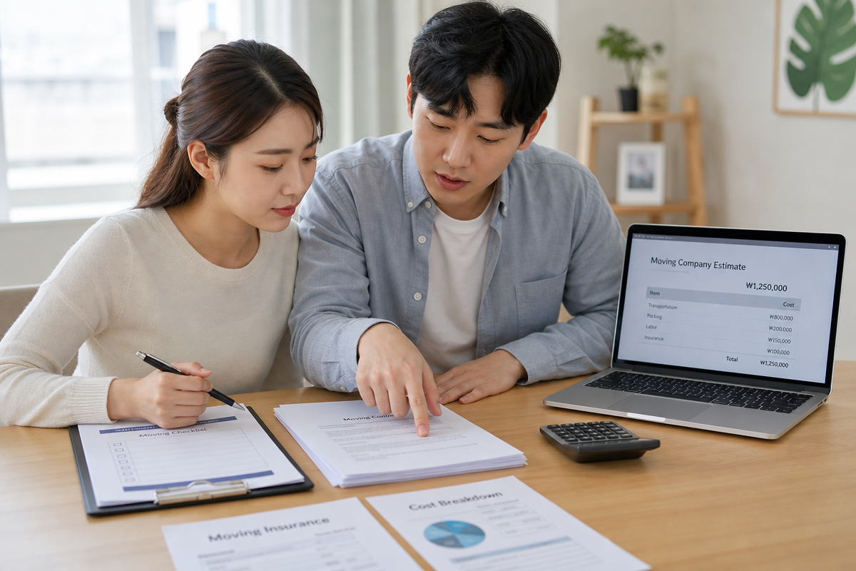 원룸포장이사비용 계약 전 보험·보상과 숨은비용 체크리스트를 함께 검토하는 부부 모습