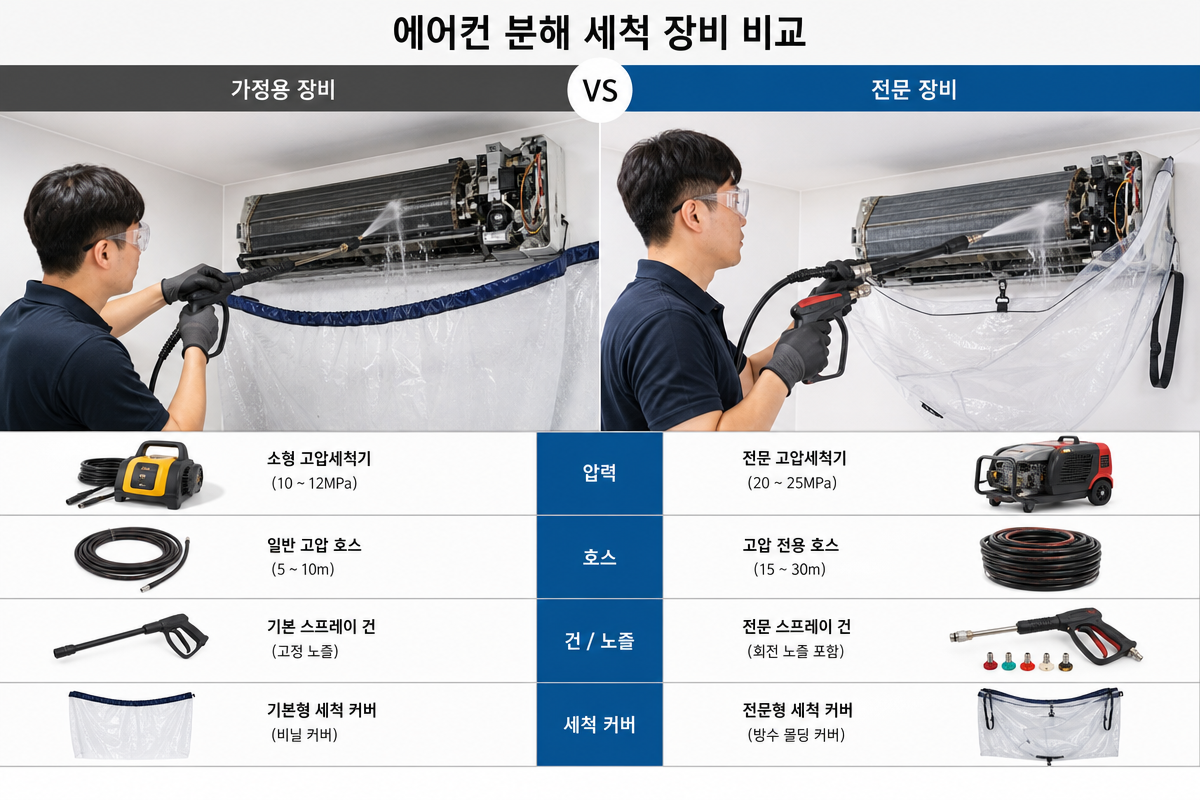 벽걸이형과 스탠드형 가정용 에어컨 세척 차이를 보여주는 장면으로 전문가가 고압 세척 장비로 분해청소하는 모습