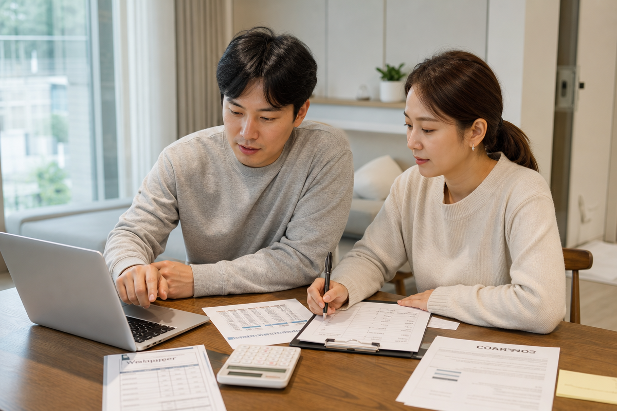 두 사람이 도배가격 견적서와 계약서 체크리스트를 비교하며 상담하는 모습