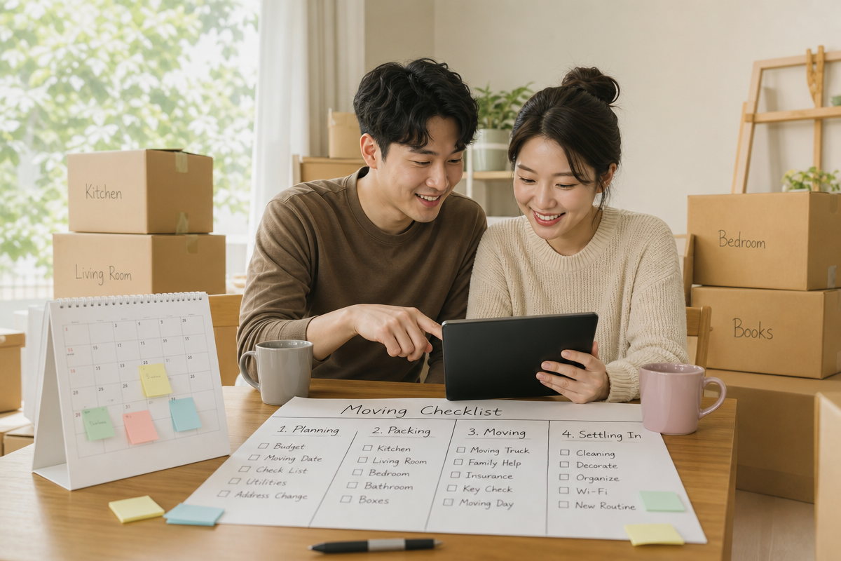 부부가 식탁에서 달력과 상자 옆에 앉아 이사 준비 체크리스트를 정리하며 일정을 계획하는 모습