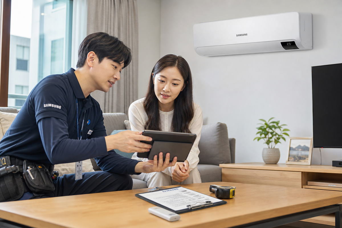 거실에서 설치 기사와 고객이 삼성 에어컨 설치 비용 견적서를 함께 확인하며 절차를 설명하는 모습