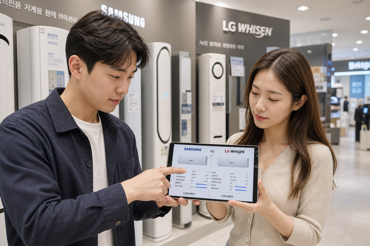 전자제품 매장에서 삼성과 LG 휘센 에어컨을 비교하며 태블릿으로 기능과 A/S를 살펴보는 부부 모습