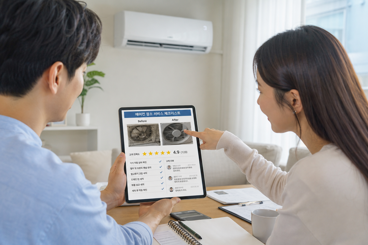 거실에서 에어컨 청소 업체 체크리스트를 검토하며 후기를 비교하는 장면, 광주에어컨청소 선택 기준을 설명함