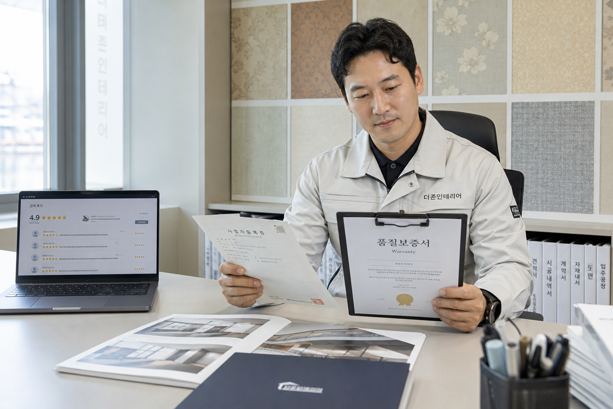 인천도배 업체 대표가 사업자등록증과 A/S 보증서를 검토하며 고객 후기와 시공 사진을 확인하는 장면