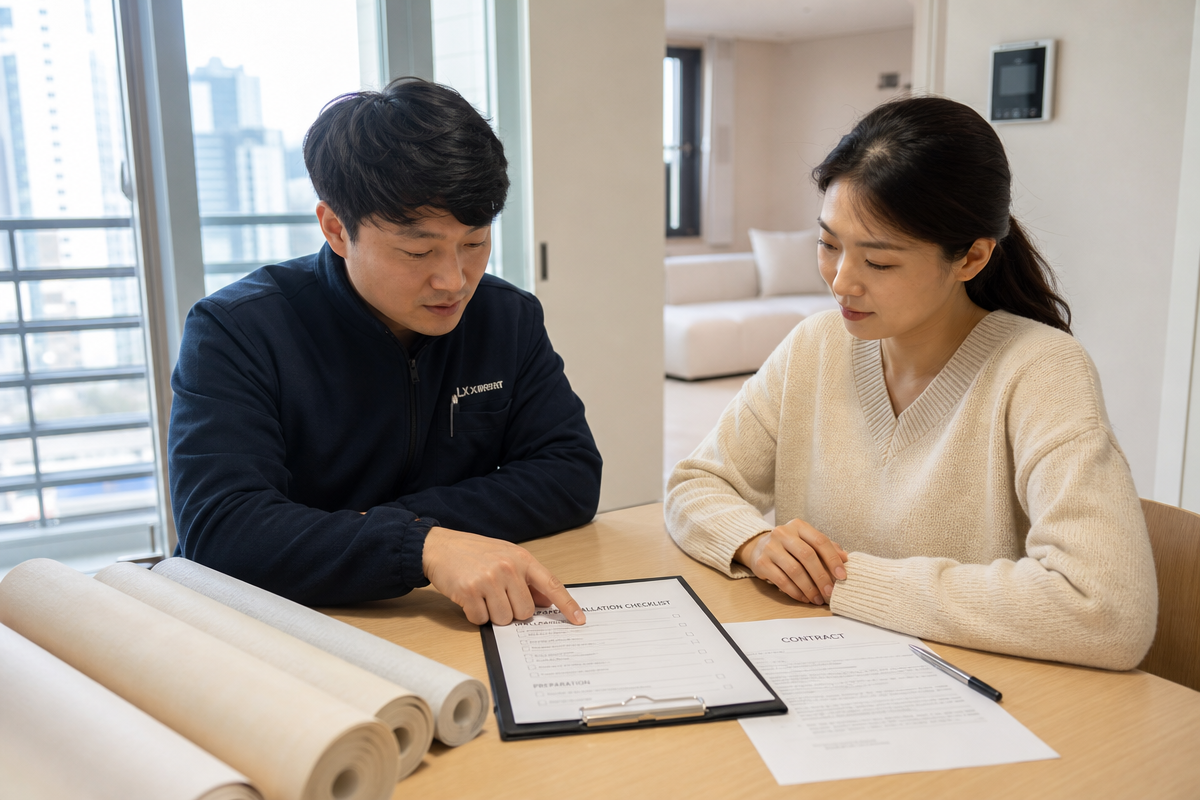 도배 시공 일정과 A/S 보증을 계약서로 확인하며 체크리스트를 검토하는 장면, 청주도배 관련 이미지