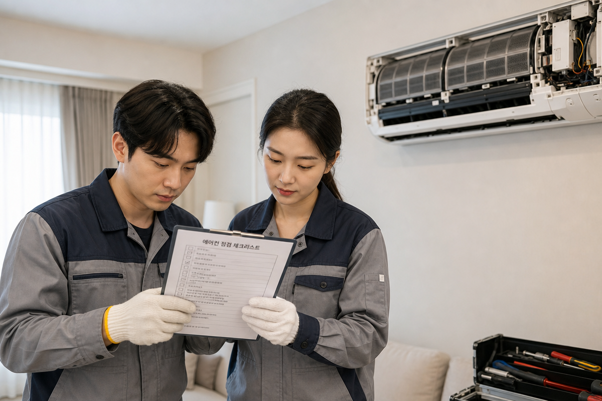 거실에서 에어컨 청소 점검표를 함께 확인하는 작업자 모습으로 인천에어컨청소 전 계약 체크리스트를 표현
