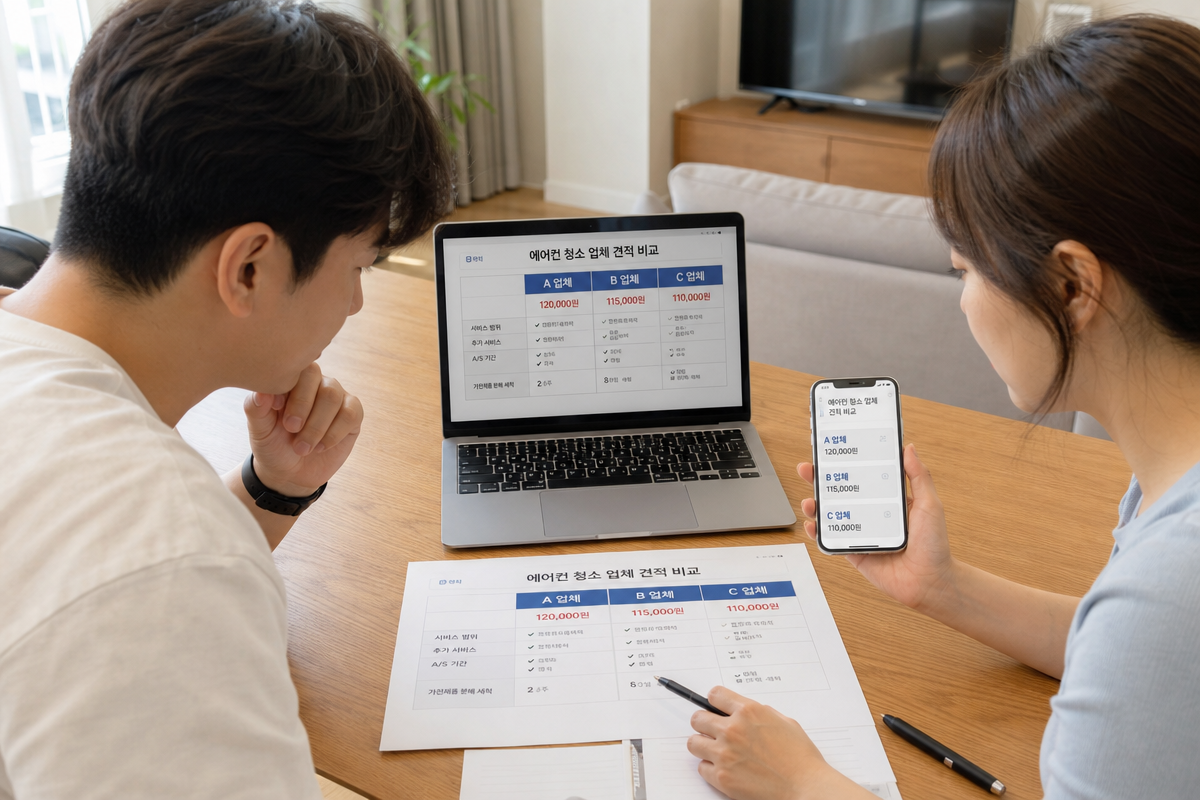 거실 식탁에서 에어컨 청소 업체 비교 견적서를 살피며 스탠드에어컨청소비용과 A/S 기간을 확인하는 장면