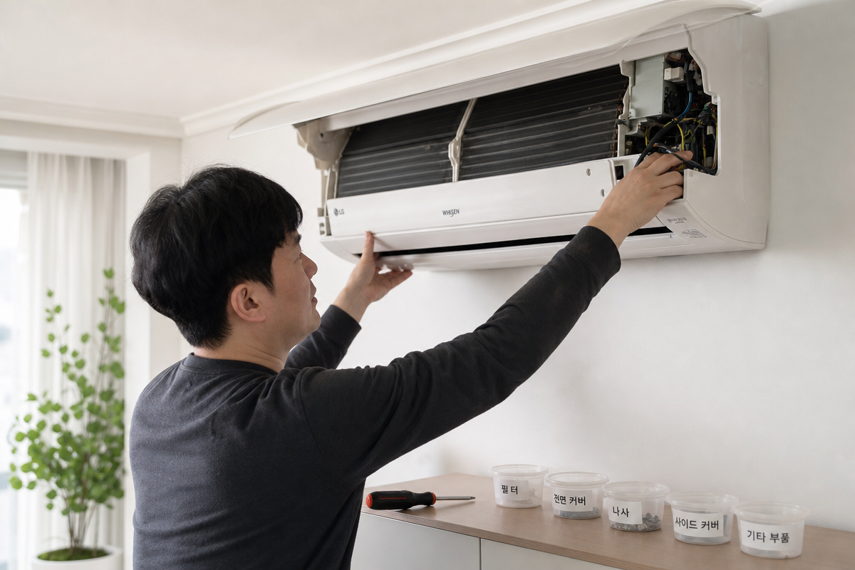 휘센에어컨청소 후 실내기 패널을 조립하며 나사 위치와 배선을 점검하는 모습