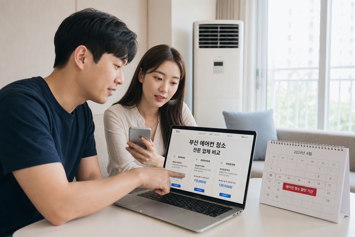 부산 거실에서 노트북으로 부산에어컨청소 예약 시기와 할인 정보를 비교하는 부부 모습